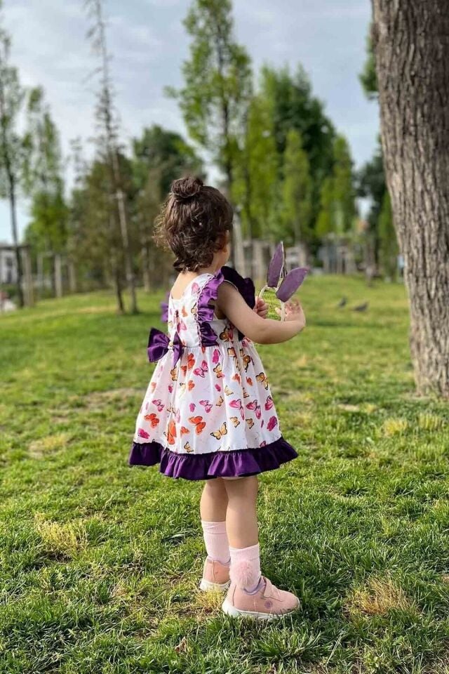 Fırfır Ve Su Taşı Detaylı Kelebek Desenli Kız Çocuk Bebek Elbise