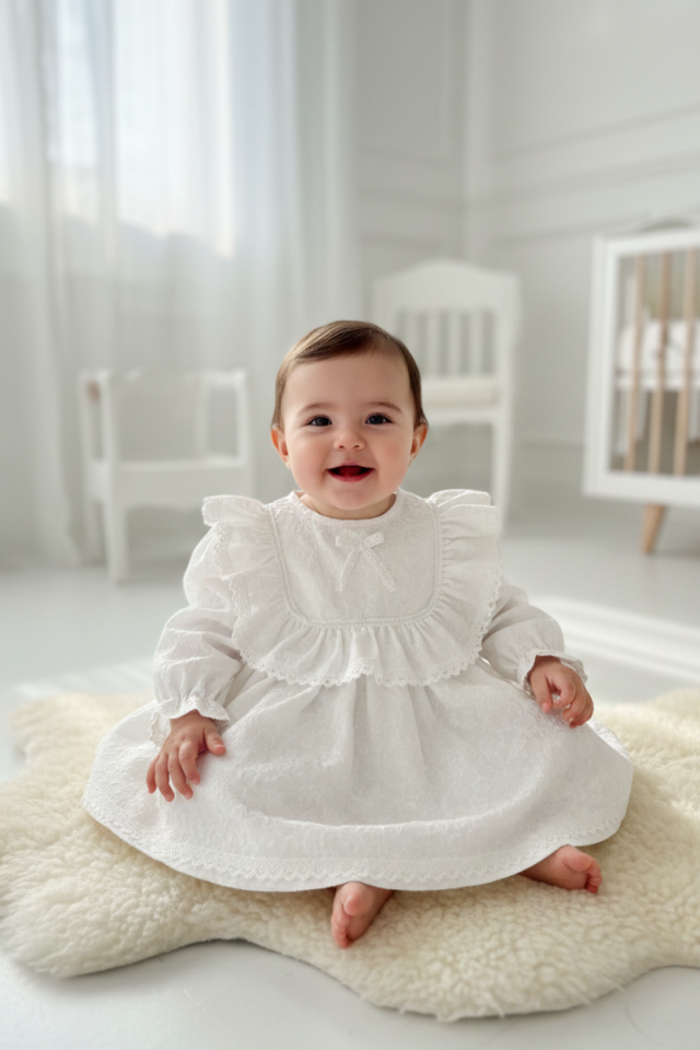 Dantelli ve Fırfırlı Kabartmalı Krep Beyaz Kız Çocuk Bebek Mevlüt Elbise