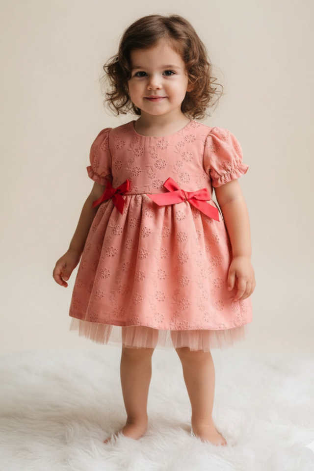 Ribbon Detailed Tulle Lined Dusty Rose Cutwork Evening Dress Design Girl Baby Dress