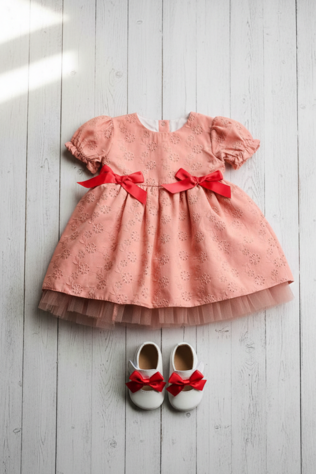 Ribbon Detailed Tulle Lined Dusty Rose Cutwork Evening Dress Design Girl Baby Dress