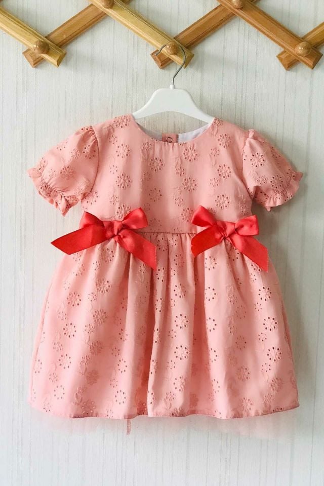 Ribbon Detailed Tulle Lined Dusty Rose Cutwork Evening Dress Design Girl Baby Dress
