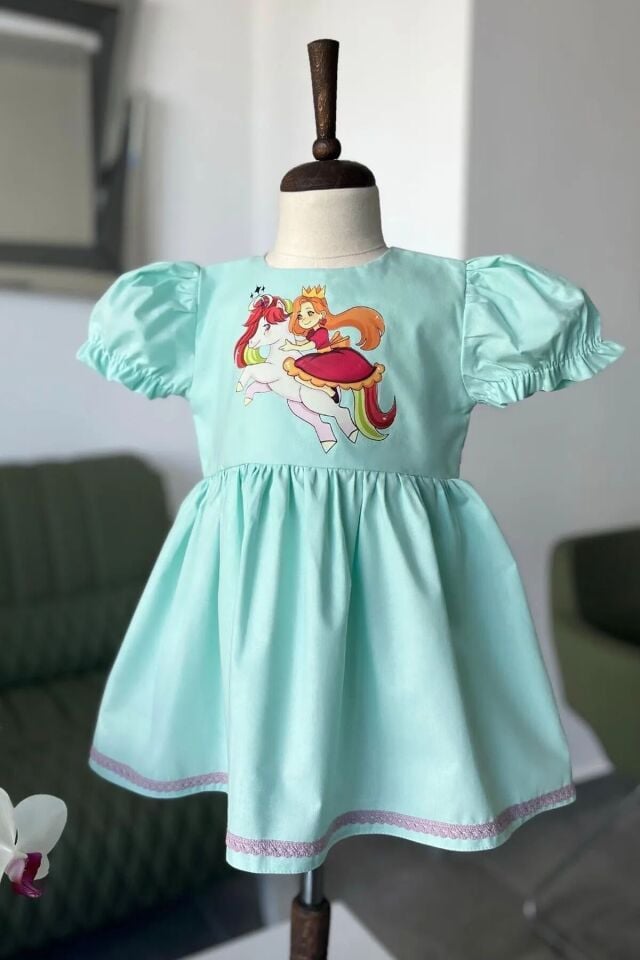 Prenses Kız Unicorn Şeker Baskılı Poplin Su Yeşili Kız Çocuk Bebek Elbise