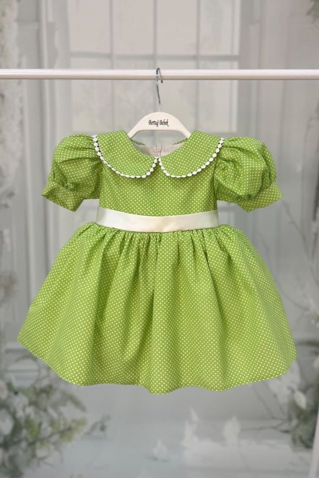 Bebe Yaka Dantelli Kız Çocuk Bebek Puantiyeli Pamuklu Yeşil Elbise