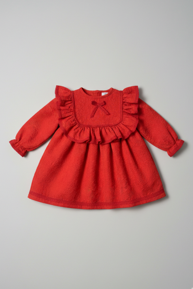 Dantelli ve Fırfırlı Kabartmalı Krep Kırmızı Kız Çocuk Bebek Elbise