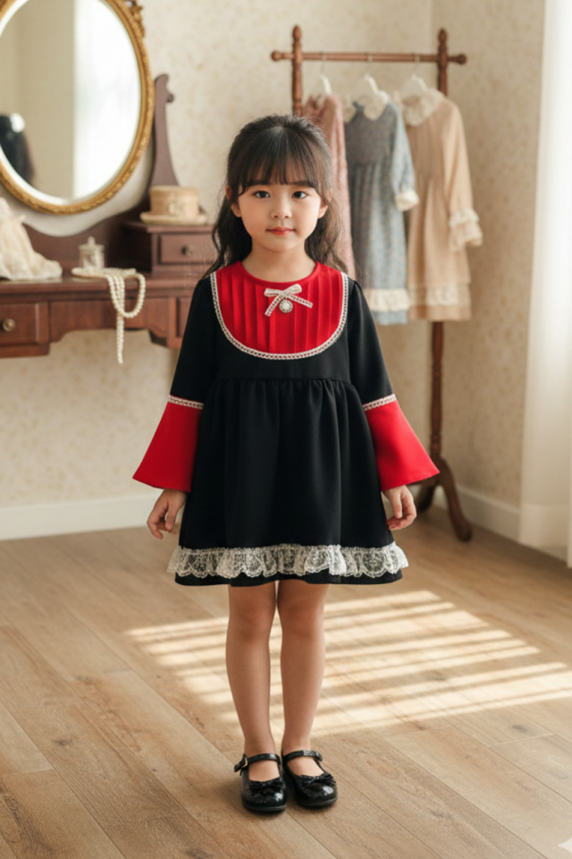 Broş Detaylı Ispanyol Kol Dantelli Krep Kız Çocuk Bebek Tasarım Kırmızı Siyah Elbise