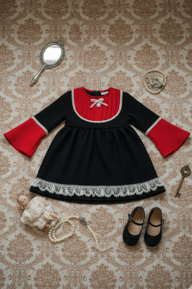 Broş Detaylı Ispanyol Kol Dantelli Krep Kız Çocuk Bebek Tasarım Kırmızı Siyah Elbise