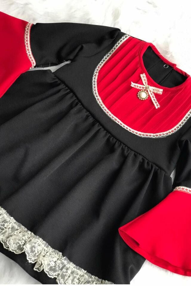 Brooch Detailed Spanish Sleeve Lace Crepe Girl Baby Design Red Black Dress Black - 7 years old