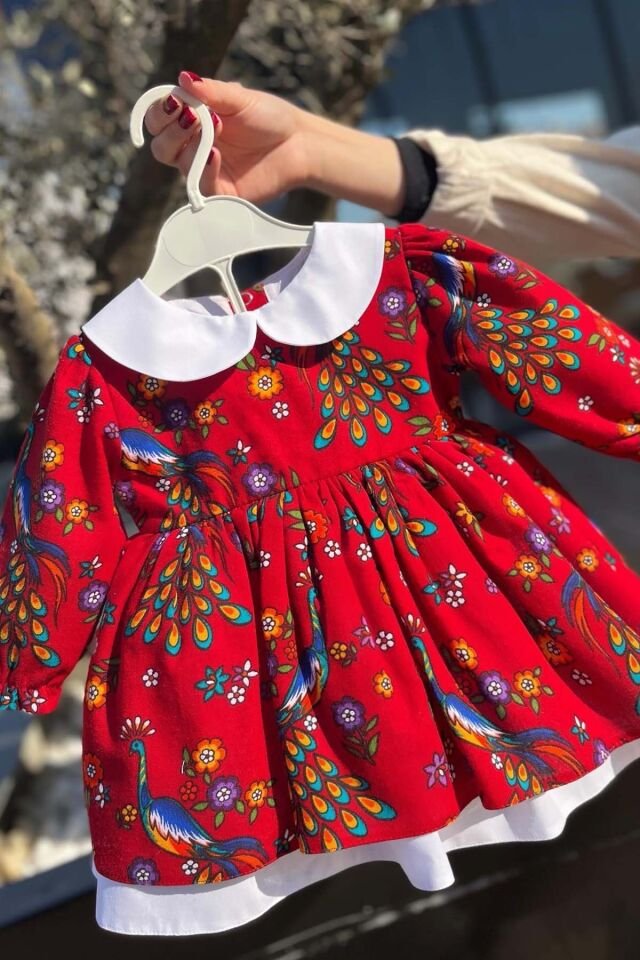 Bebe Yaka Poplin Kız Çocuk Bebek Pazen Poplin Kırmızı Elbise