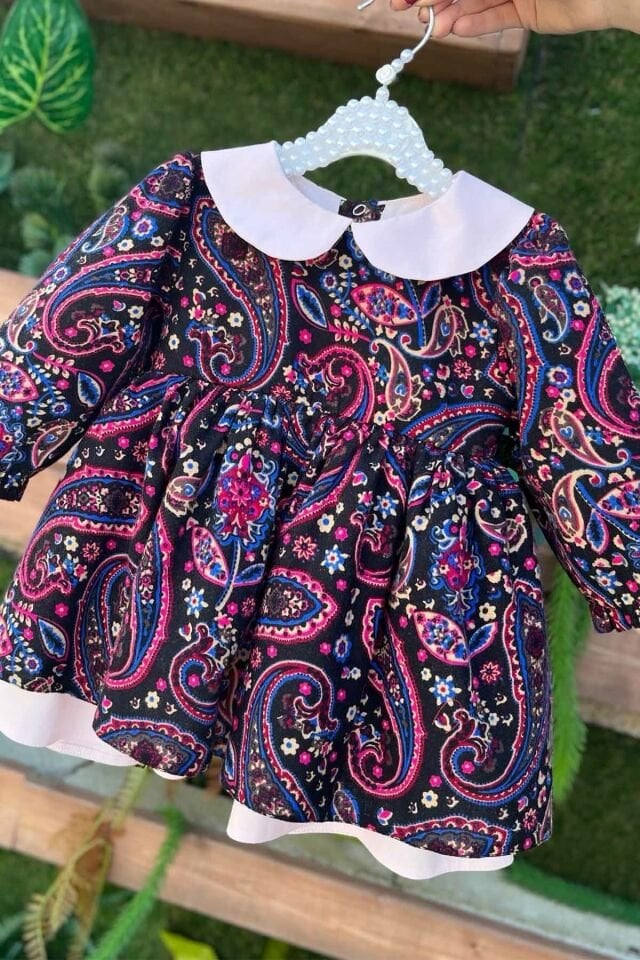 Bebe Yaka Poplin Kız Çocuk Bebek Pazen Poplin Renkli Elbise