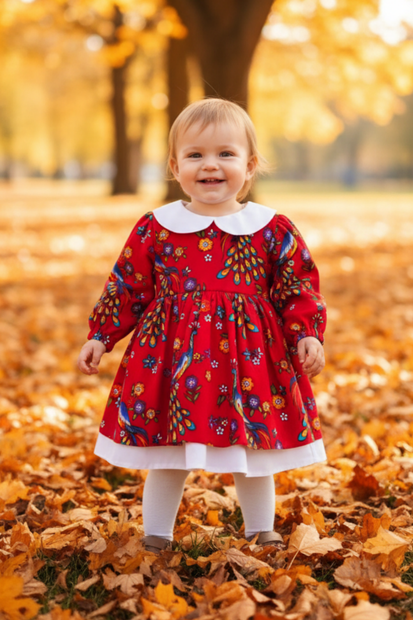 Bebe Yaka Poplin Kız Çocuk Bebek Pazen Poplin Kırmızı Elbise