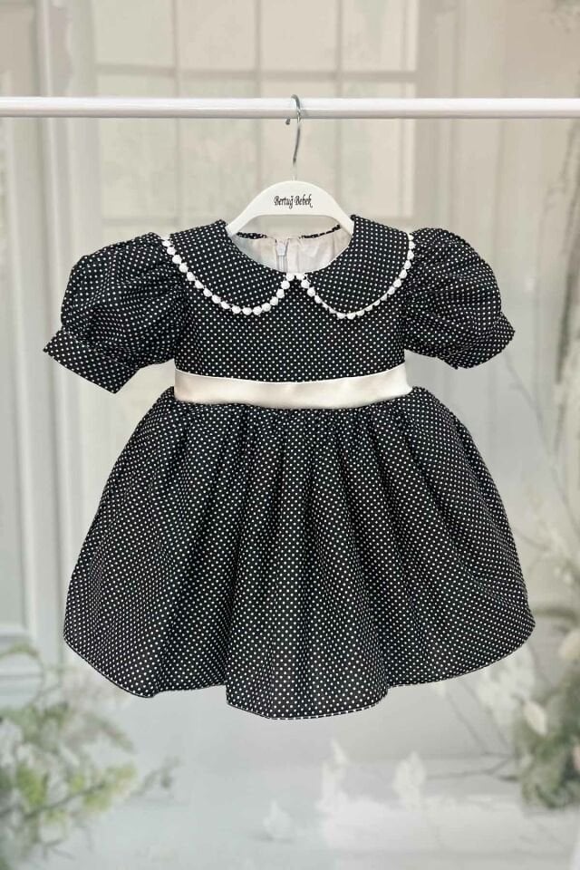 Baby Girl's Baby Polka Dot Cotton Black and White Dress with Lace Collar