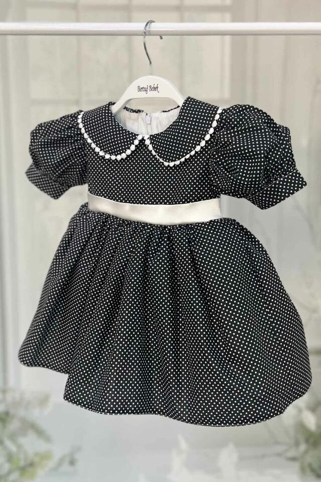 Baby Girl's Baby Polka Dot Cotton Black and White Dress with Lace Collar