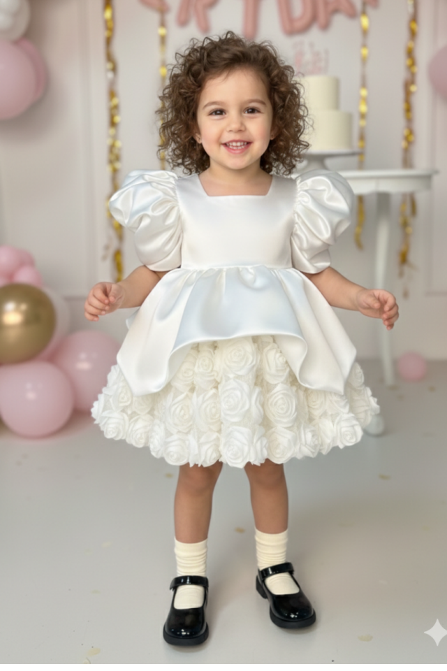 Kırık Beyaz Güllü Saten Kabarık Kız Çocuk Bebek Abiye Elbise