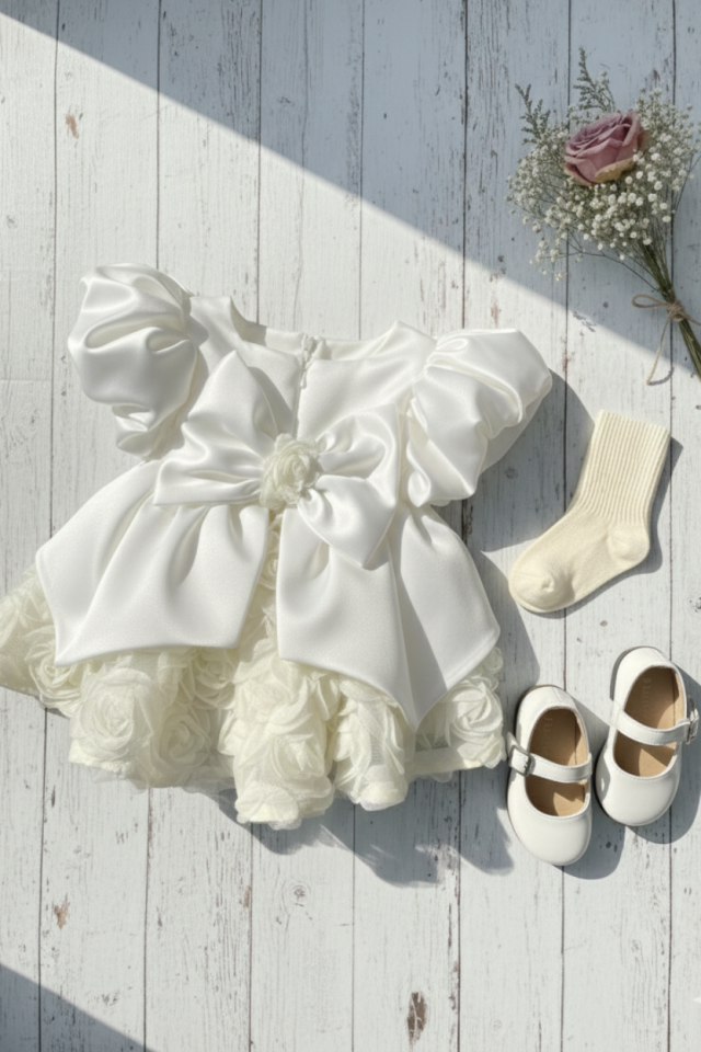 Kırık Beyaz Güllü Saten Kabarık Kız Çocuk Bebek Abiye Elbise