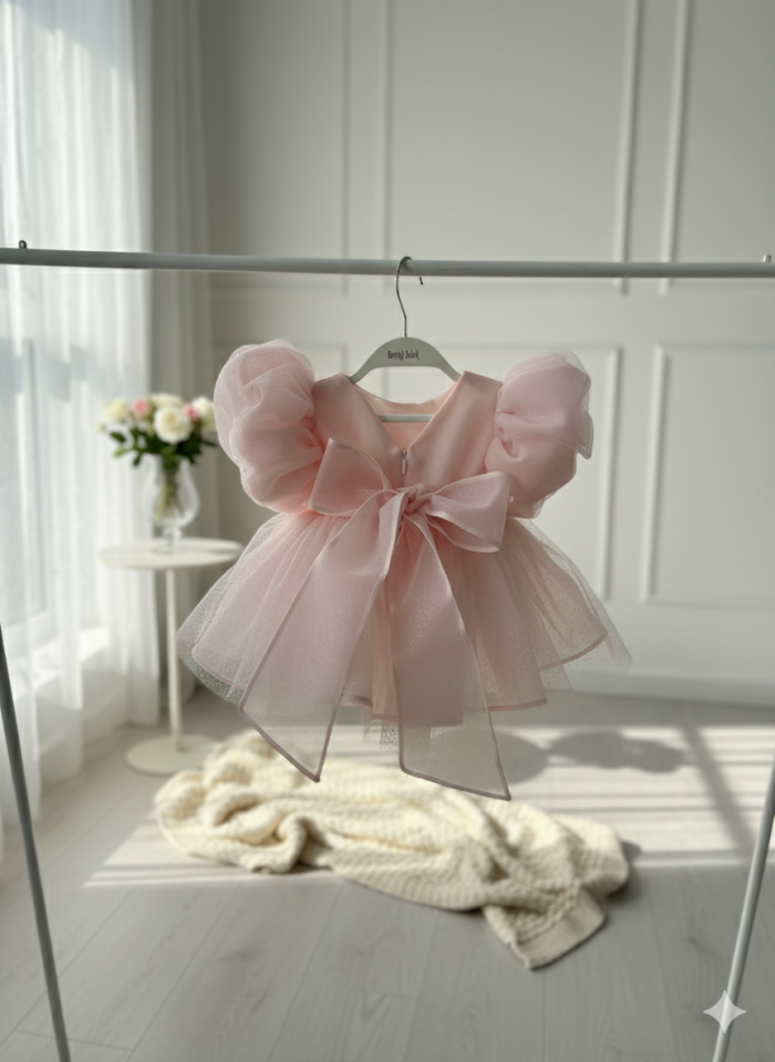 Simli Organze Pembe Kız Çocuk Bebek Abiye Romper Elbise