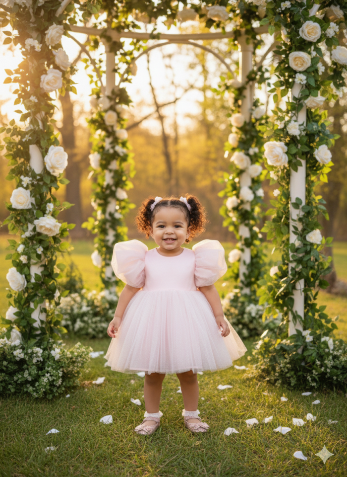 Simli Organze Pembe Kız Çocuk Bebek Abiye Romper Elbise