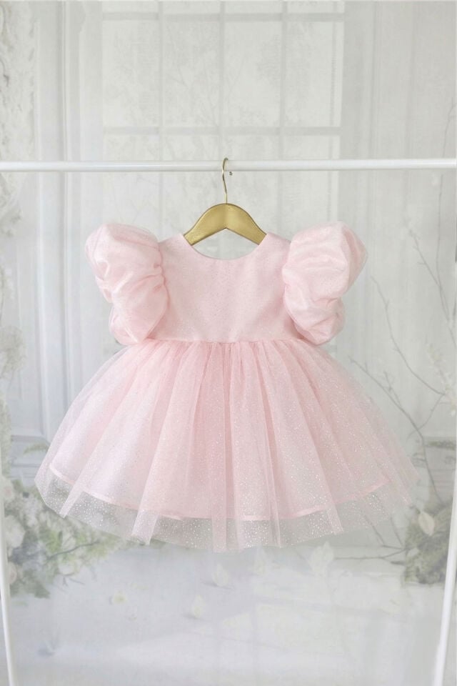 Simli Organze Pembe Kız Çocuk Bebek Abiye Romper Elbise