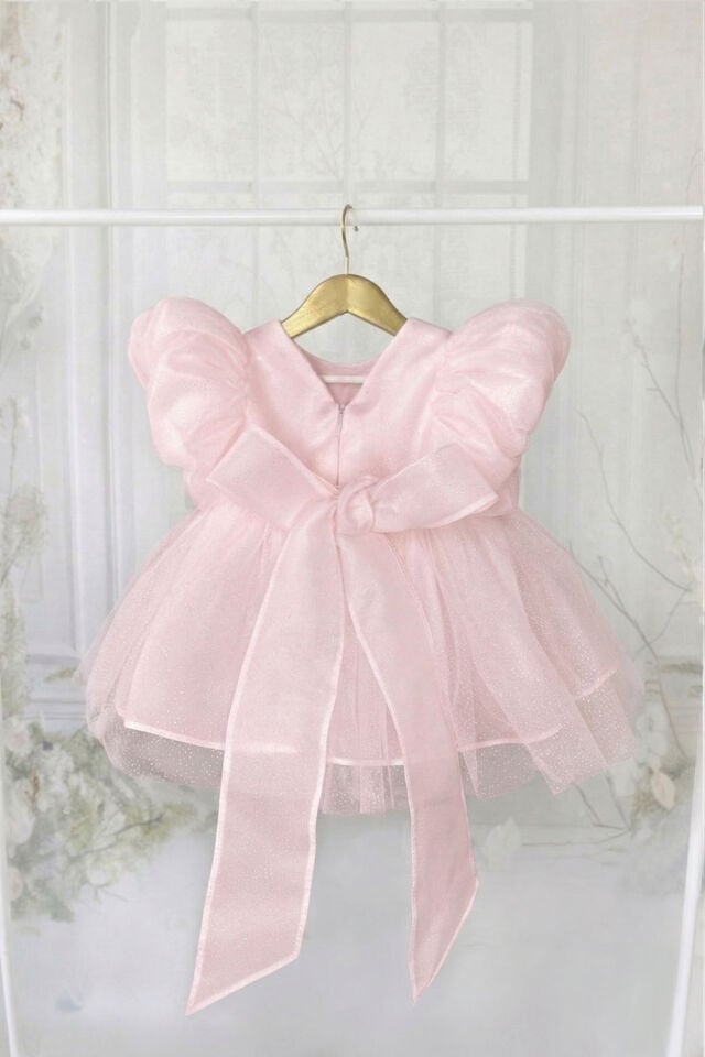 Simli Organze Pembe Kız Çocuk Bebek Abiye Romper Elbise