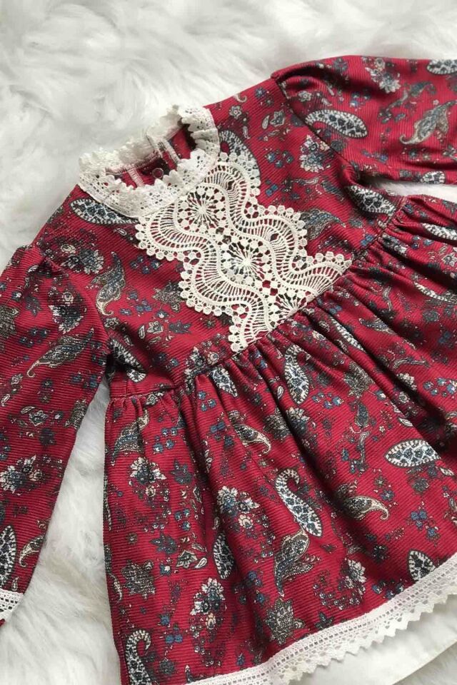 Dantel Detaylı Şal Desenli Bordo Kız Çocuk Bebek Tasarım Elbise