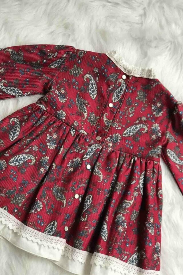 Dantel Detaylı Şal Desenli Bordo Kız Çocuk Bebek Tasarım Elbise