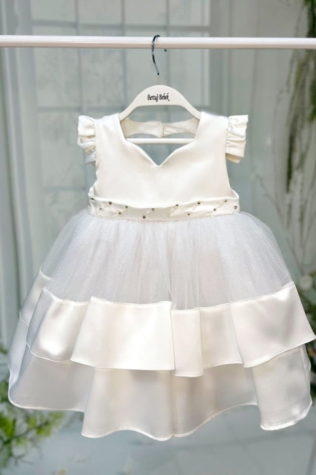 Beaded White Satin Baby Girl Evening Dress Wedding Dress