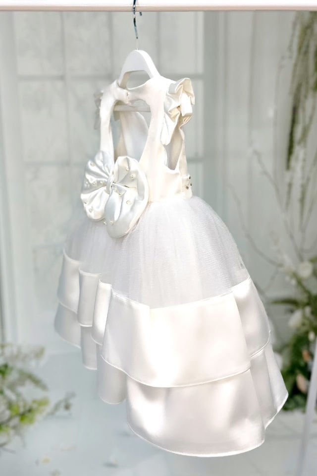 Beaded White Satin Baby Girl Evening Dress Wedding Dress