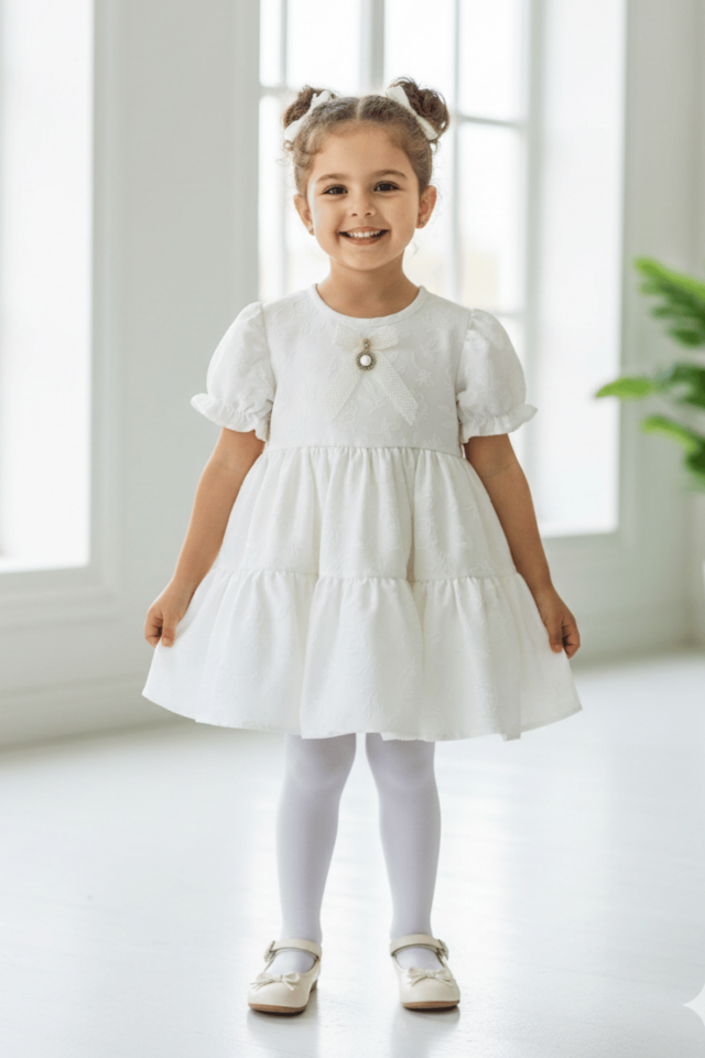 Gül Kabartmalı Broş Detaylı Ekru İnci Renk Kız Çocuk Bebek Abiye Tasarım Özel Gün Mevlüt Elbise
