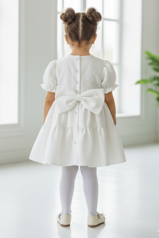 Gül Kabartmalı Broş Detaylı Ekru İnci Renk Kız Çocuk Bebek Abiye Tasarım Özel Gün Mevlüt Elbise