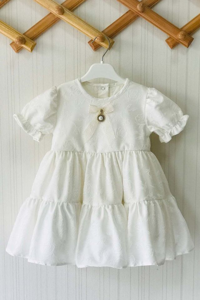 Rose Embossed Brooch Detailed Ecru Pearl Color Girl Baby Evening Dress Design Special Day Mawlid Dress