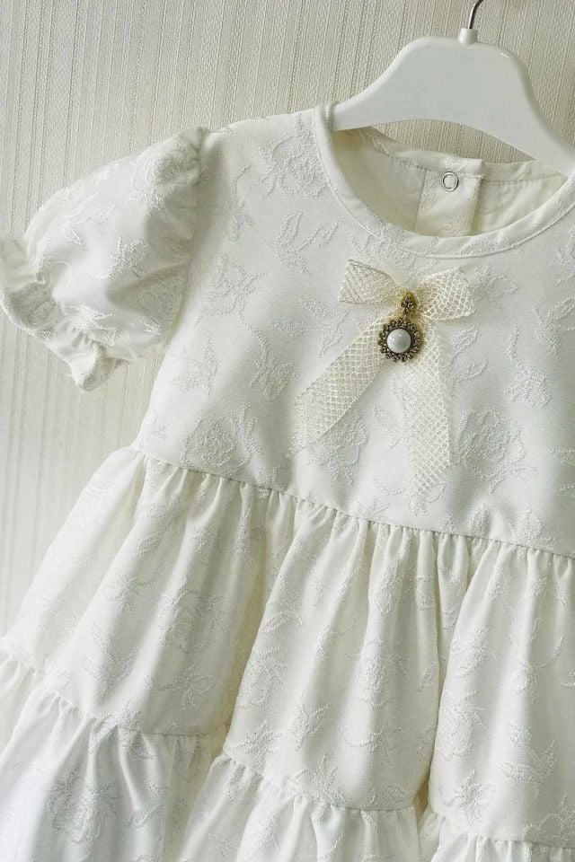 Rose Embossed Brooch Detailed Ecru Pearl Color Girl Baby Evening Dress Design Special Day Mawlid Dress