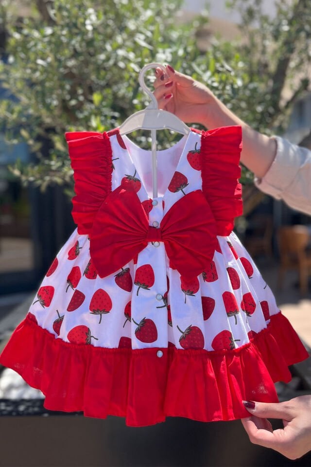Ruffle and Bow Detailed Cotton Girl Baby Strawberry Dress Red - 4 years old