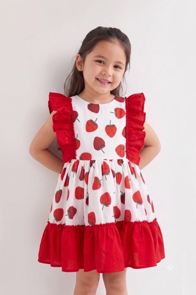 Fırfır ve Fiyonk Detaylı Pamuklu Kız Çocuk Bebek Çilek Elbise