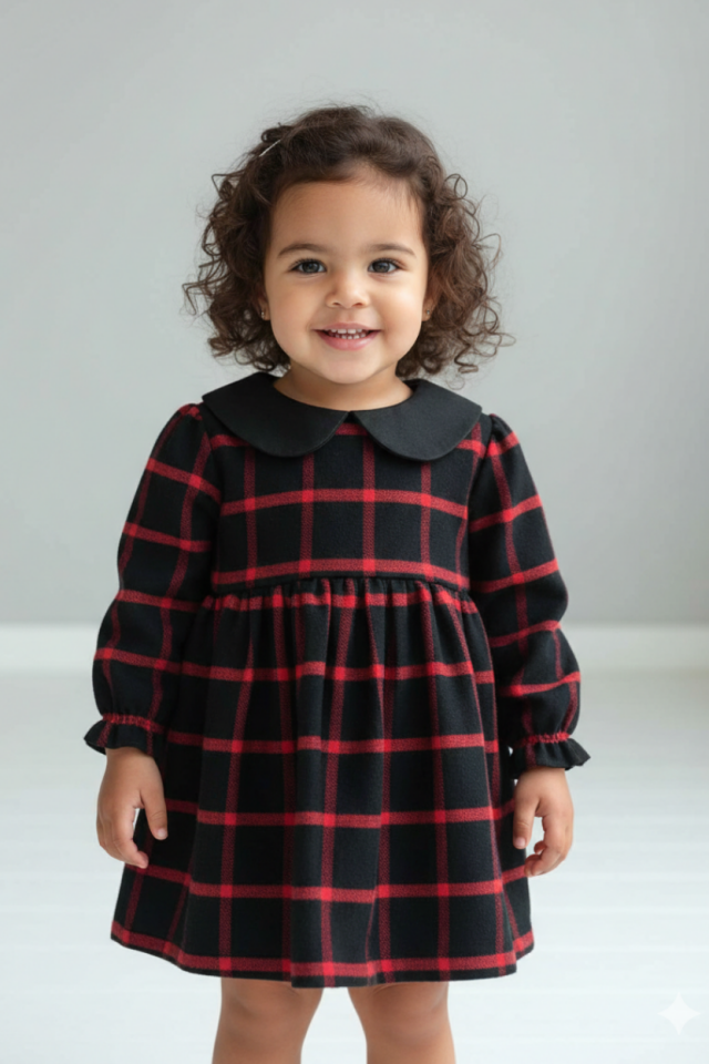Bebe Yaka Ekose Siyah Kırmızı Kız Çocuk Bebek Örme Elbise