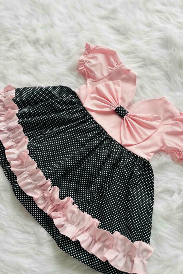 Fiyonk Ve Fırfırlı Pembe Siyah Pamuklu Kız Çocuk Bebek Yazlık Elbise