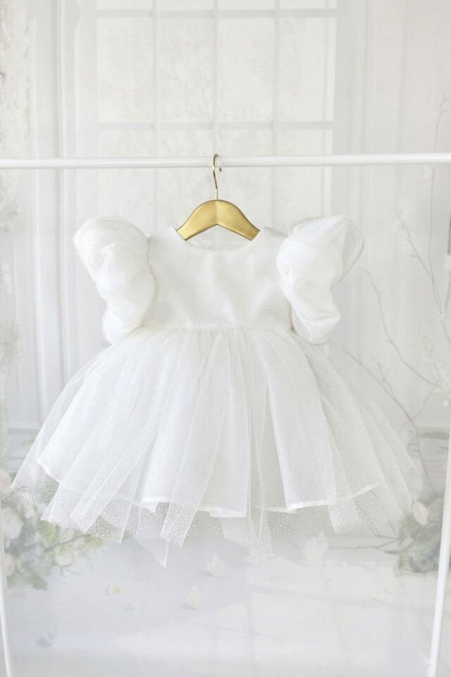 Simli Organze Beyaz Kız Çocuk Bebek Abiye Romper Elbise