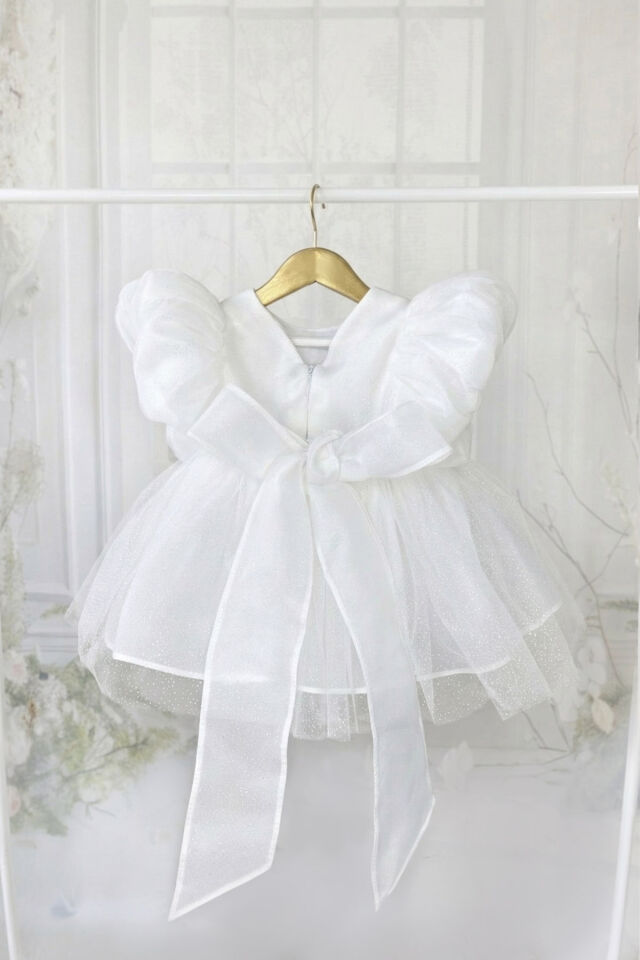 Simli Organze Beyaz Kız Çocuk Bebek Abiye Romper Elbise