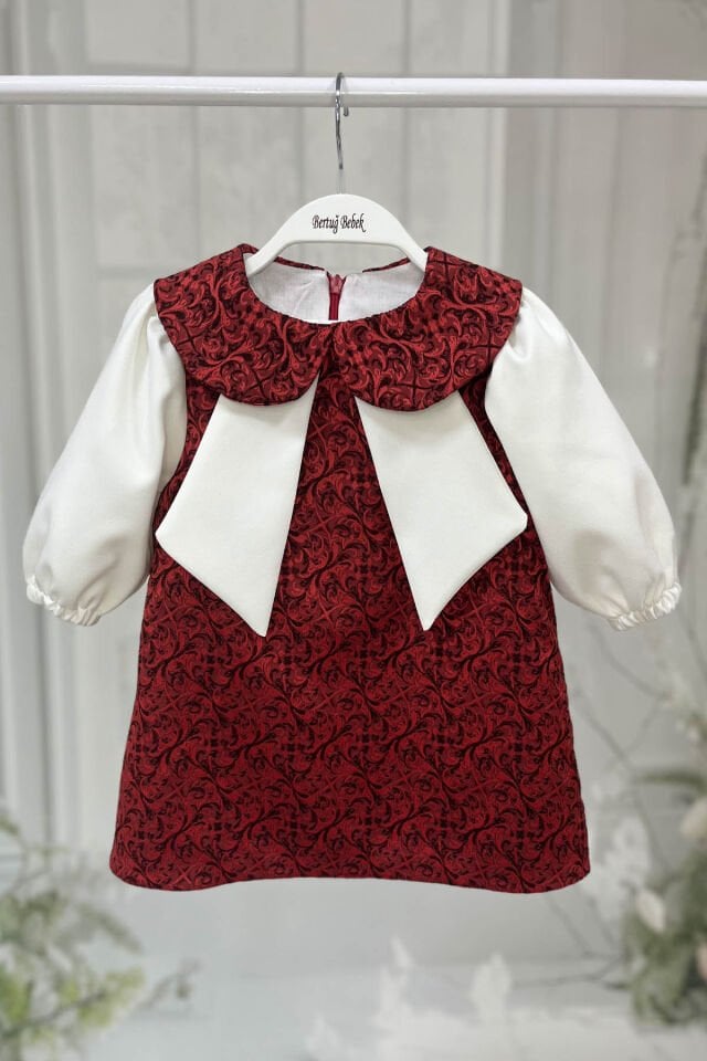 Bordo Kırmızı ve Kırık Beyaz Kız Çocuk Bebek Jile Krep Brokar Elbise