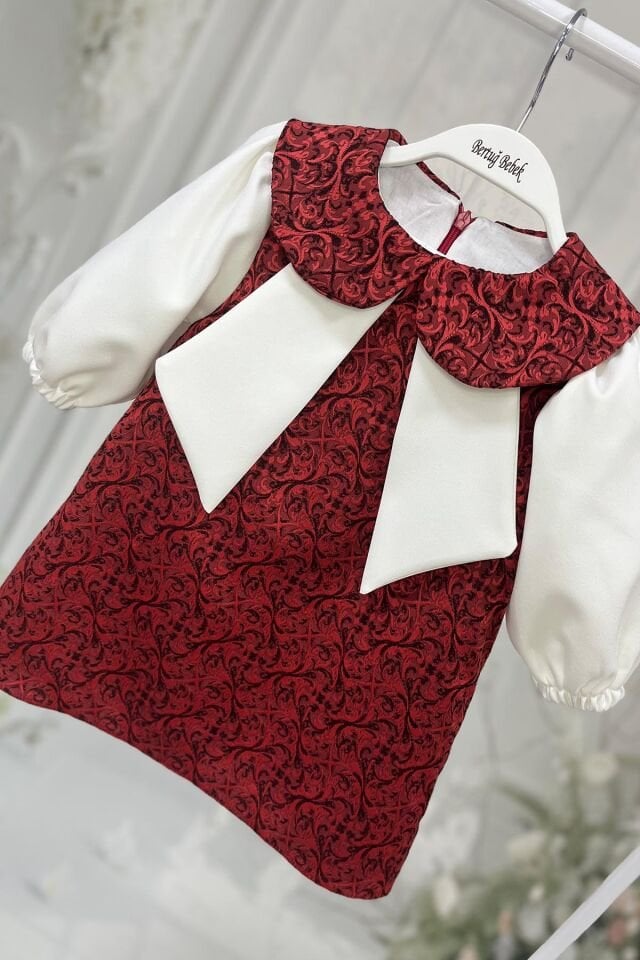 Bordo Kırmızı ve Kırık Beyaz Kız Çocuk Bebek Jile Krep Brokar Elbise