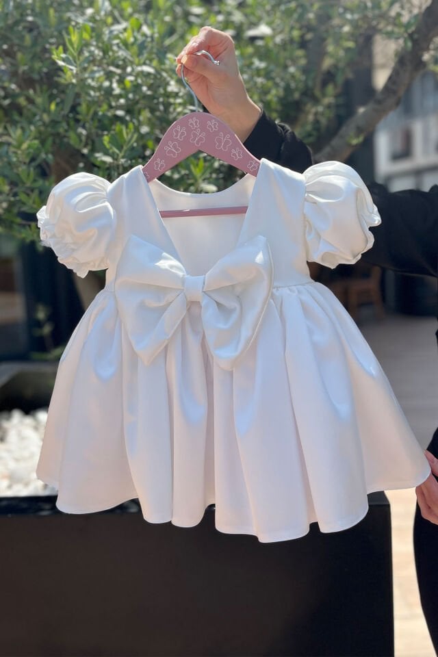 Balon Kol Saten Kırık Beyaz Kız Çocuk Bebek Abiye Elbise