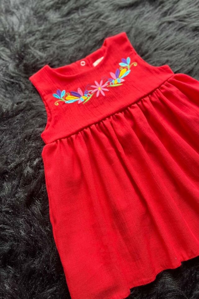 Nakışlı Kız Çocuk Bebek Şile Bezi Nar Çiçeği Renk Elbise