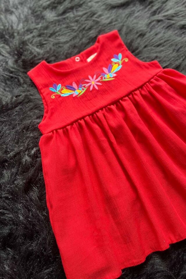 Nakışlı Kız Çocuk Bebek Şile Bezi Nar Çiçeği Renk Elbise