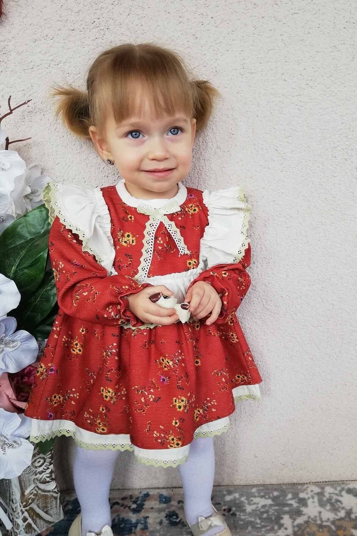 Fırfır Ve Dantel Detaylı Özel Tasarım Çiçek Desenli Kiremit Renk Kız Çocuk Bebek Elbise