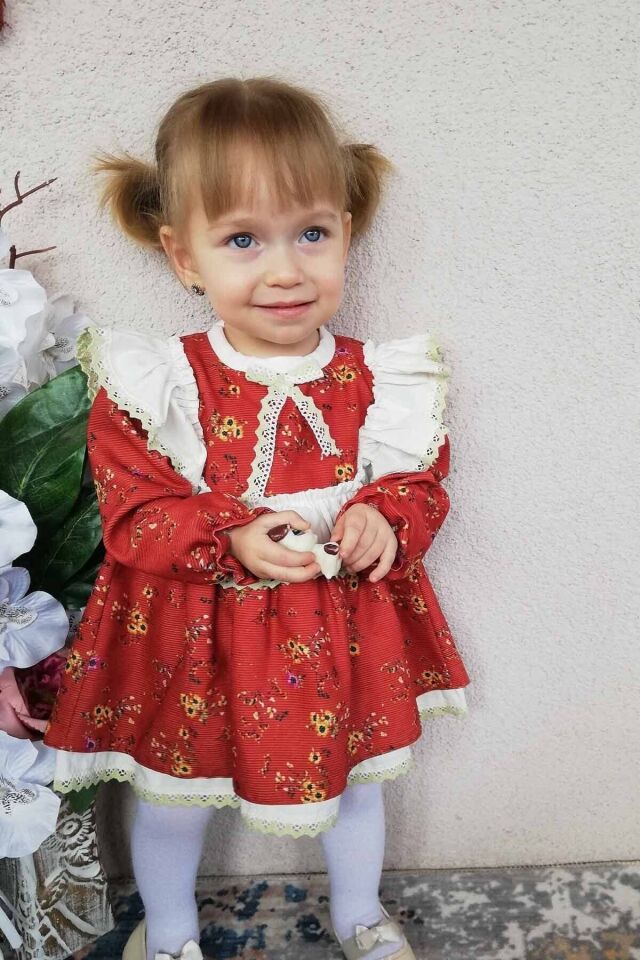 Fırfır Ve Dantel Detaylı Özel Tasarım Çiçek Desenli Kiremit Renk Kız Çocuk Bebek Elbise