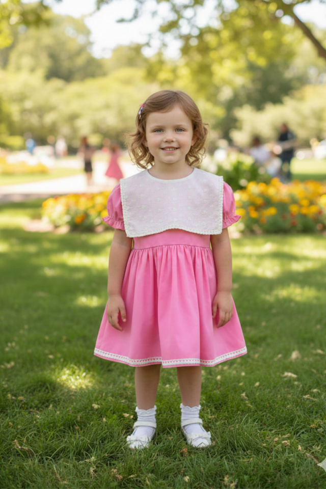 Cremefarbenes, rosa Kleid mit Muschelkragen und Spitze