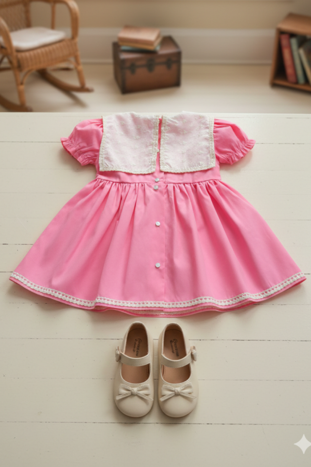 Cremefarbenes, rosa Kleid mit Muschelkragen und Spitze