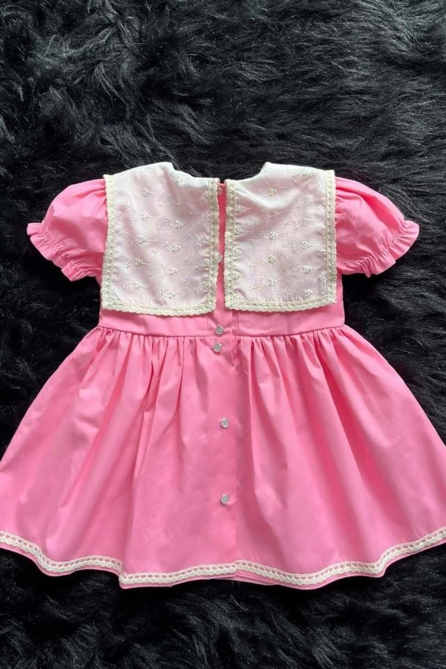 Krem Fisto Yaka Ve Dantel Detaylı Kız Çocuk Bebek Pembe Elbise