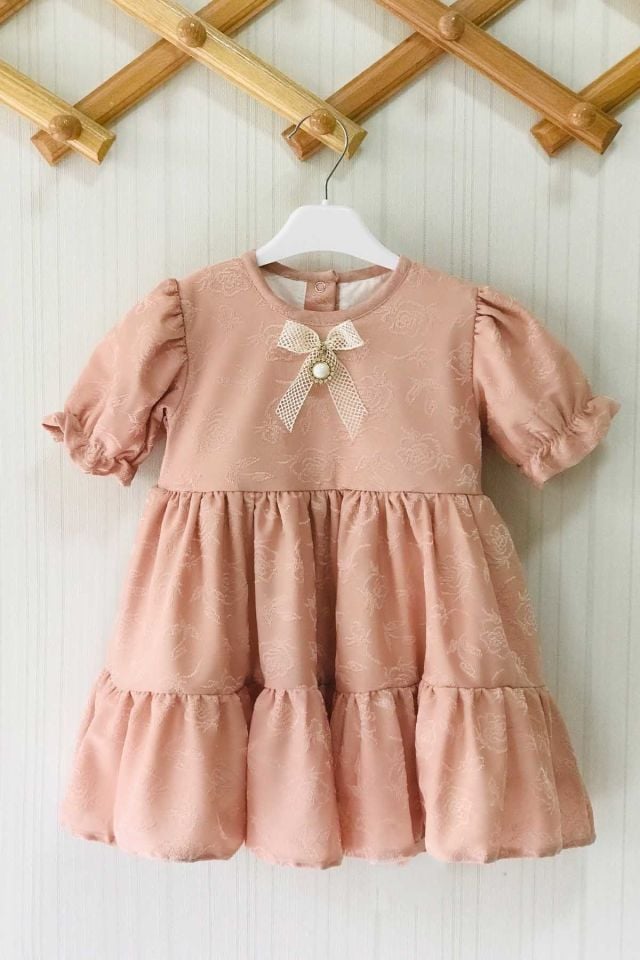 Brooch and Bow Detailed Dusty Rose Patterned Girl Baby Evening Dress Design Dress