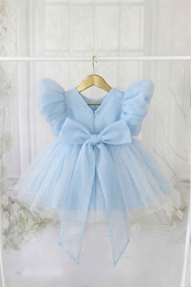 Simli Organze Mavi Kız Çocuk Bebek Abiye Romper Elbise