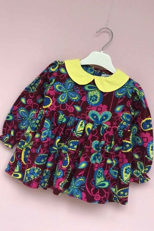 Bebe Yaka Kelebek Desenli Pazen Kız Çocuk Bebek Renkli Elbise