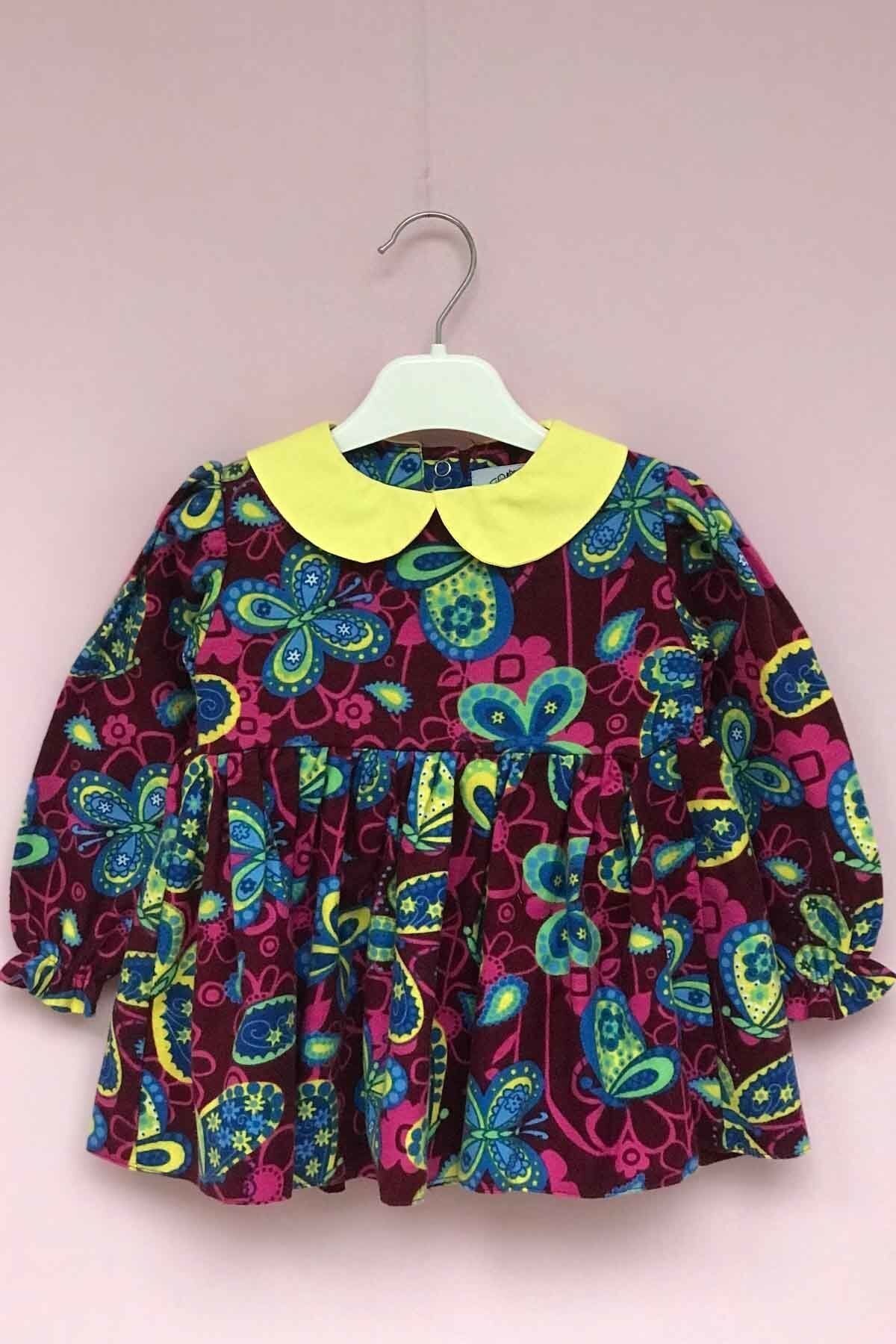 Bebe Yaka Kelebek Desenli Pazen Kız Çocuk Bebek Renkli Elbise